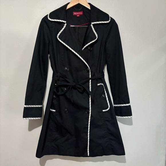 Merona Black and White Trench Coat Notched Lapels Waist Tie Size Small - Picture 3 of 11